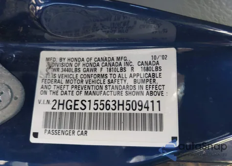 2003 Honda Civic Lx z USA, uszkodzony, nr VIN 2HGES15563H509411